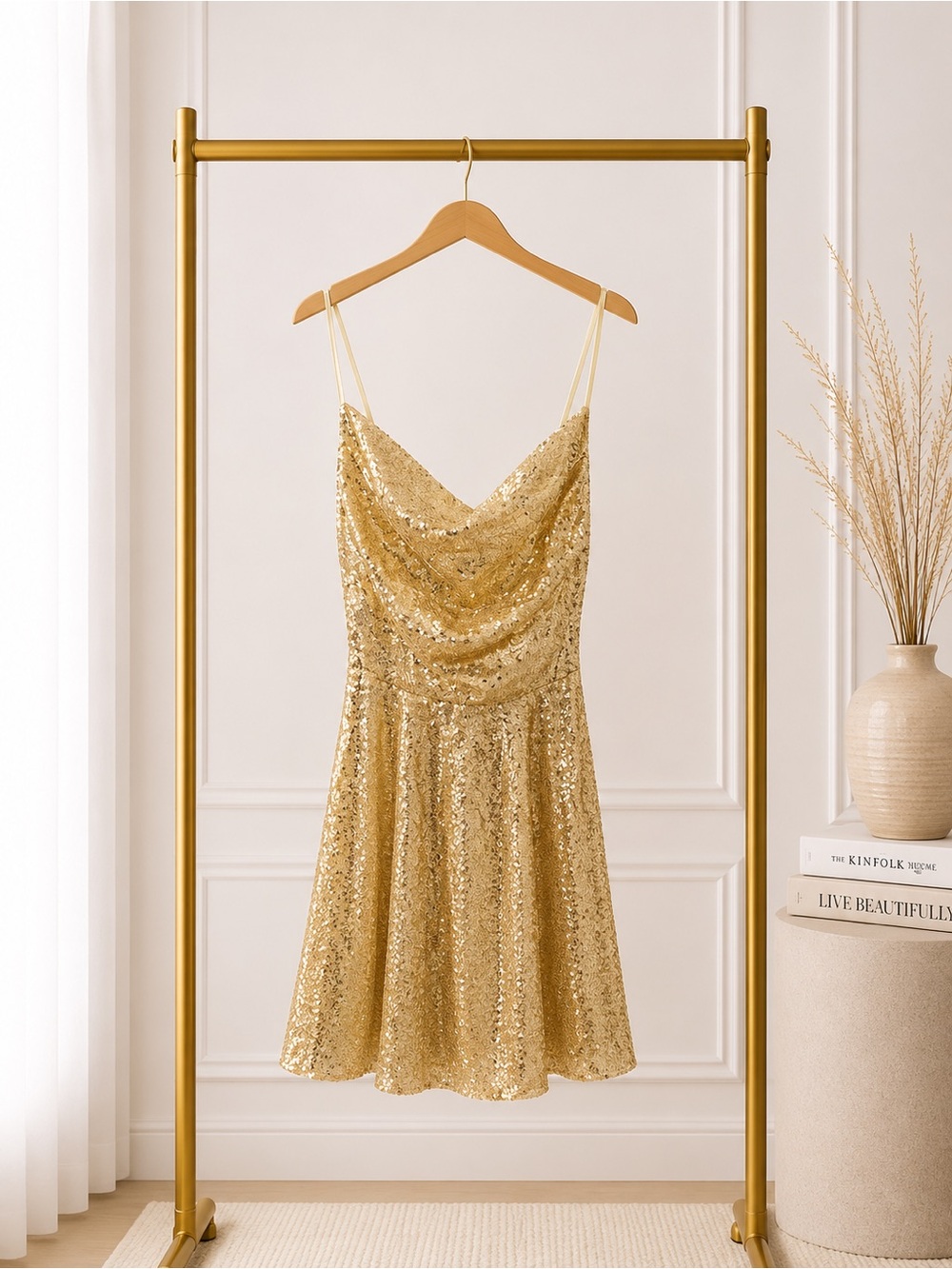 🔴 Gold Sequined Lace-Up Cowl Neck Mini Dress